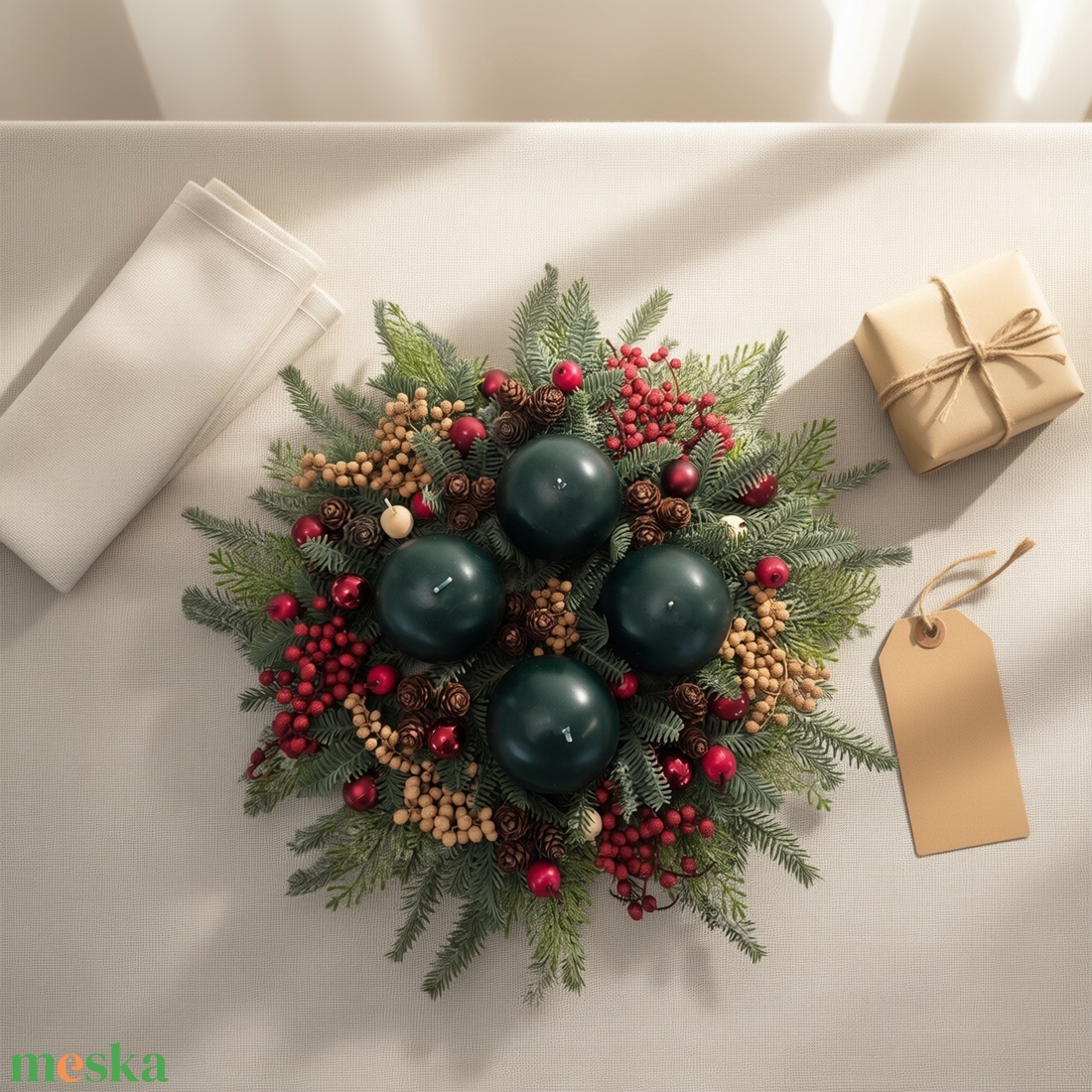 Adventi Asztaldísz - zöld -bordó természetes hatású dekoráció - karácsony - adventi díszek - adventi asztaldísz - Meska.hu