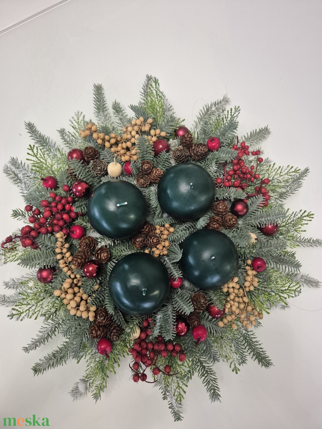 Adventi Asztaldísz - zöld -bordó természetes hatású dekoráció - karácsony - adventi díszek - adventi asztaldísz - Meska.hu