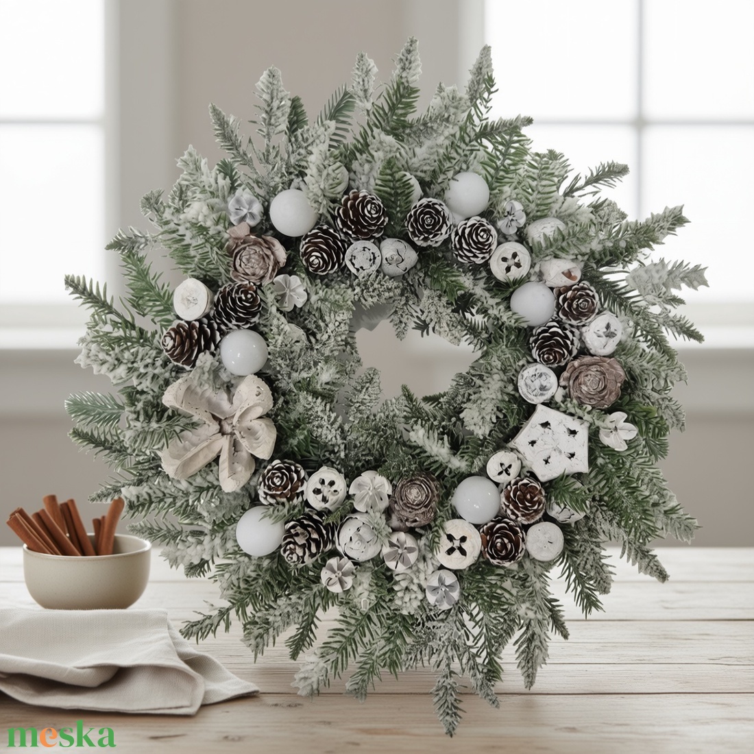 Havas hatású téli ajtódísz - természetes elegancia, havas ragyogás - karácsony - adventi díszek - adventi ajtódísz - Meska.hu