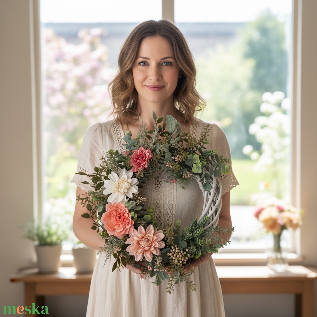 Virágos ajtódísz � természetes hatású, elegáns koszorú pasztell árnyalatokkal - otthon & életmód - dekoráció - ajtó- és ablak dekoráció - ajtódísz & kopogtató - Meska.hu