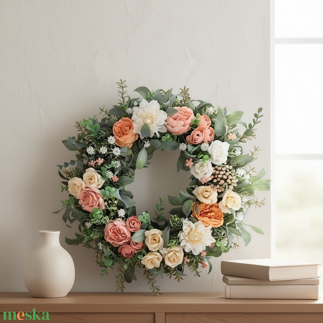 Pasztell sárga virágos koszorú - nagyméretű, természetes hatású  - otthon & életmód - dekoráció - ajtó- és ablak dekoráció - ajtódísz & kopogtató - Meska.hu