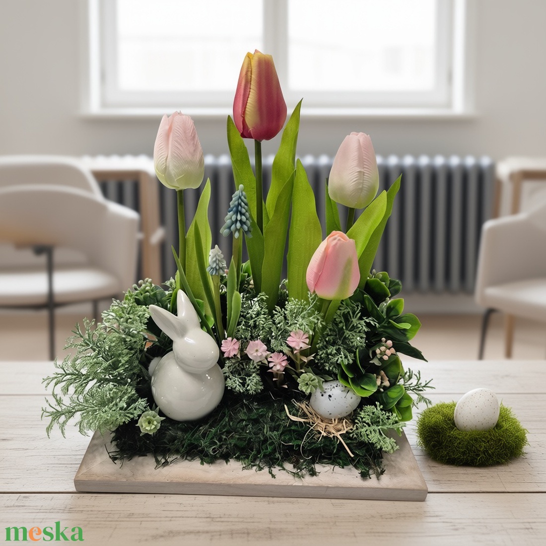Húsvéti asztaldísz tulipánokkal és nyuszival � KENDEKOR tavaszi dekoráció fa alapon - otthon & életmód - dekoráció - asztal és polc dekoráció - asztaldísz - Meska.hu