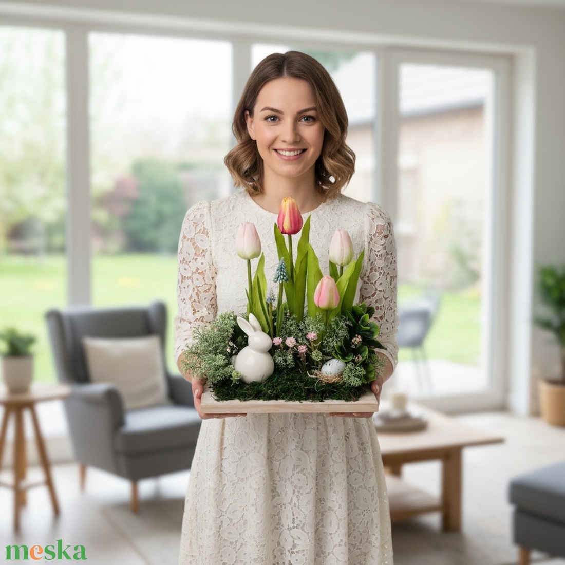 Húsvéti asztaldísz tulipánokkal és nyuszival � KENDEKOR tavaszi dekoráció fa alapon - otthon & életmód - dekoráció - asztal és polc dekoráció - asztaldísz - Meska.hu