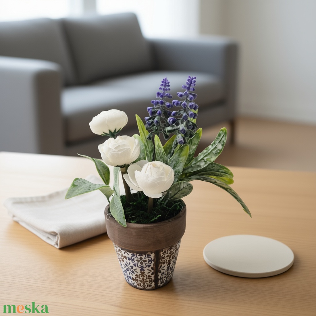 Virágos polcdísz mintás kisméretű kaspóban � elegáns, gondozásmentes KENDEKOR dekoráció - otthon & életmód - dekoráció - asztal és polc dekoráció - asztaldísz - Meska.hu