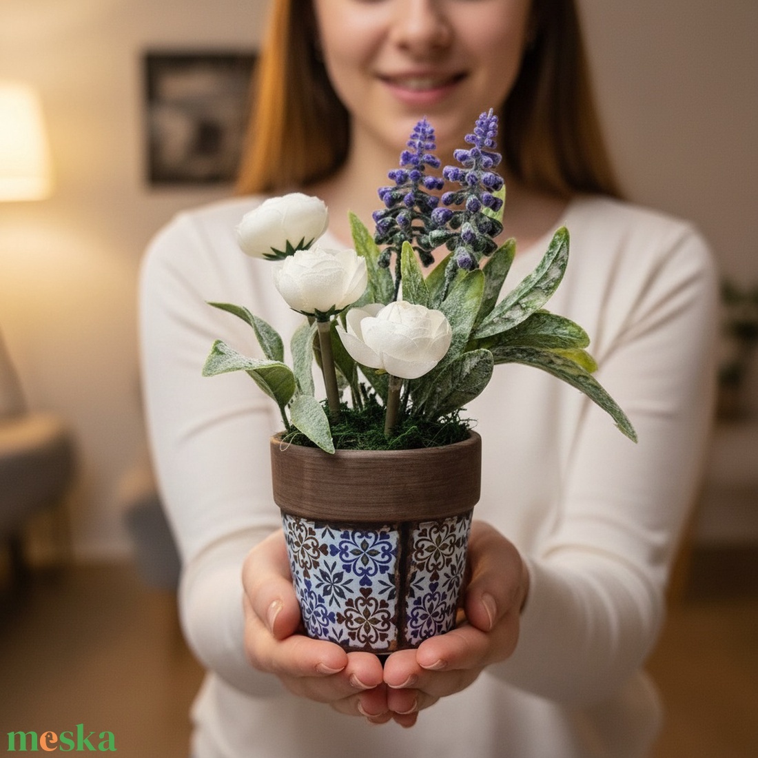 Virágos polcdísz mintás kisméretű kaspóban � elegáns, gondozásmentes KENDEKOR dekoráció - otthon & életmód - dekoráció - asztal és polc dekoráció - asztaldísz - Meska.hu