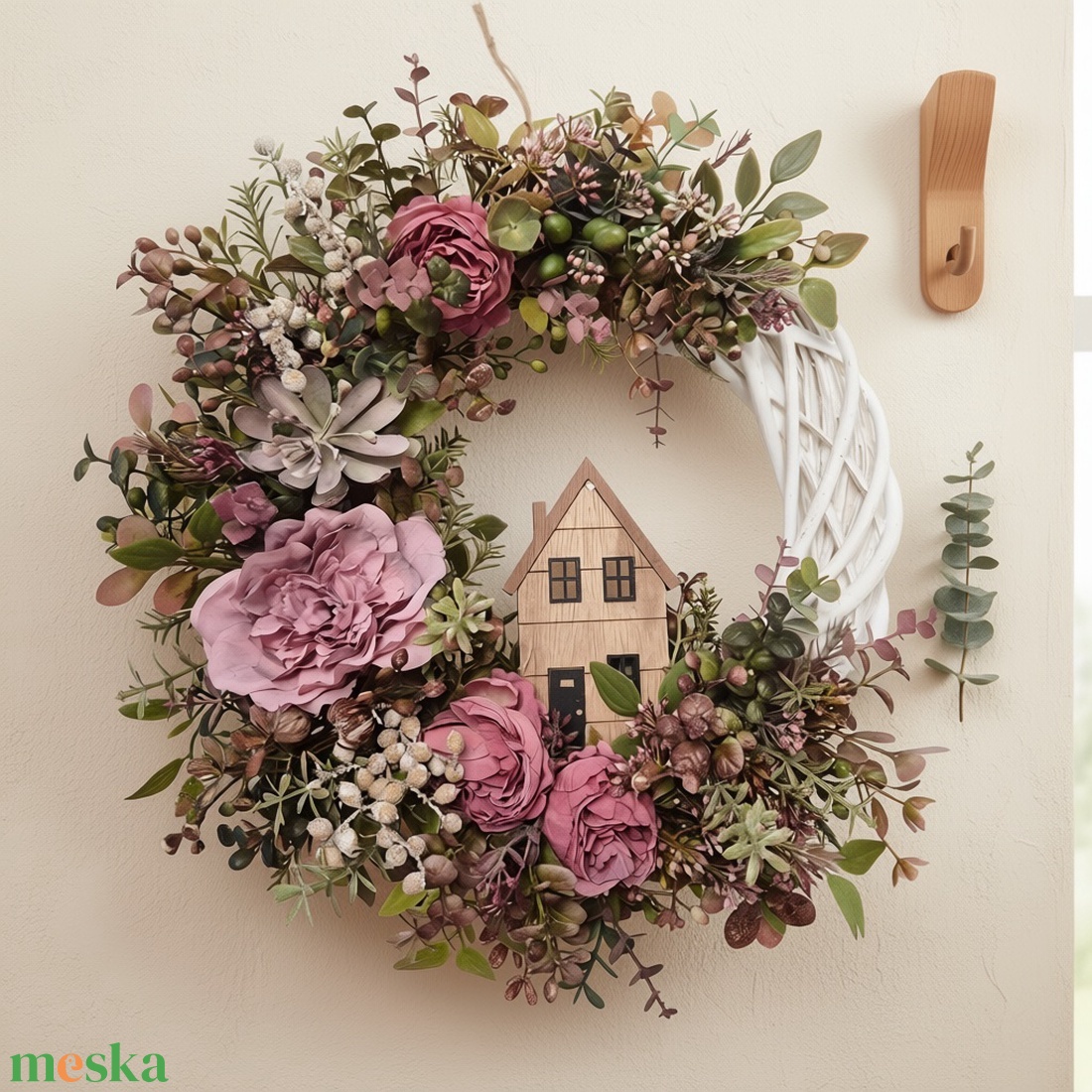 Virágos ajtódísz házikóval � romantikus, természetes stílus - otthon & életmód - dekoráció - ajtó- és ablak dekoráció - ajtódísz & kopogtató - Meska.hu