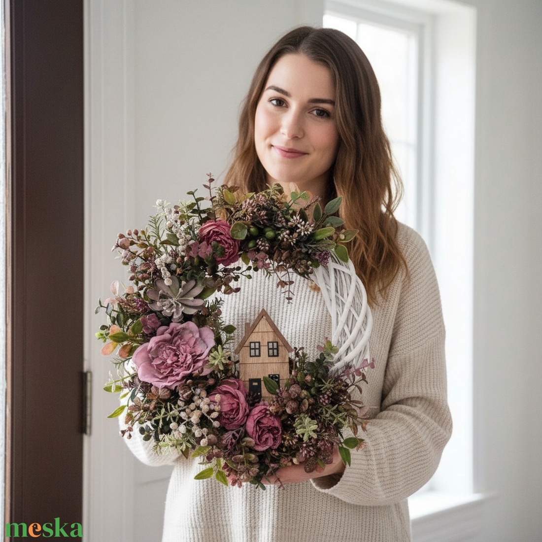 Virágos ajtódísz házikóval � romantikus, természetes stílus - otthon & életmód - dekoráció - ajtó- és ablak dekoráció - ajtódísz & kopogtató - Meska.hu