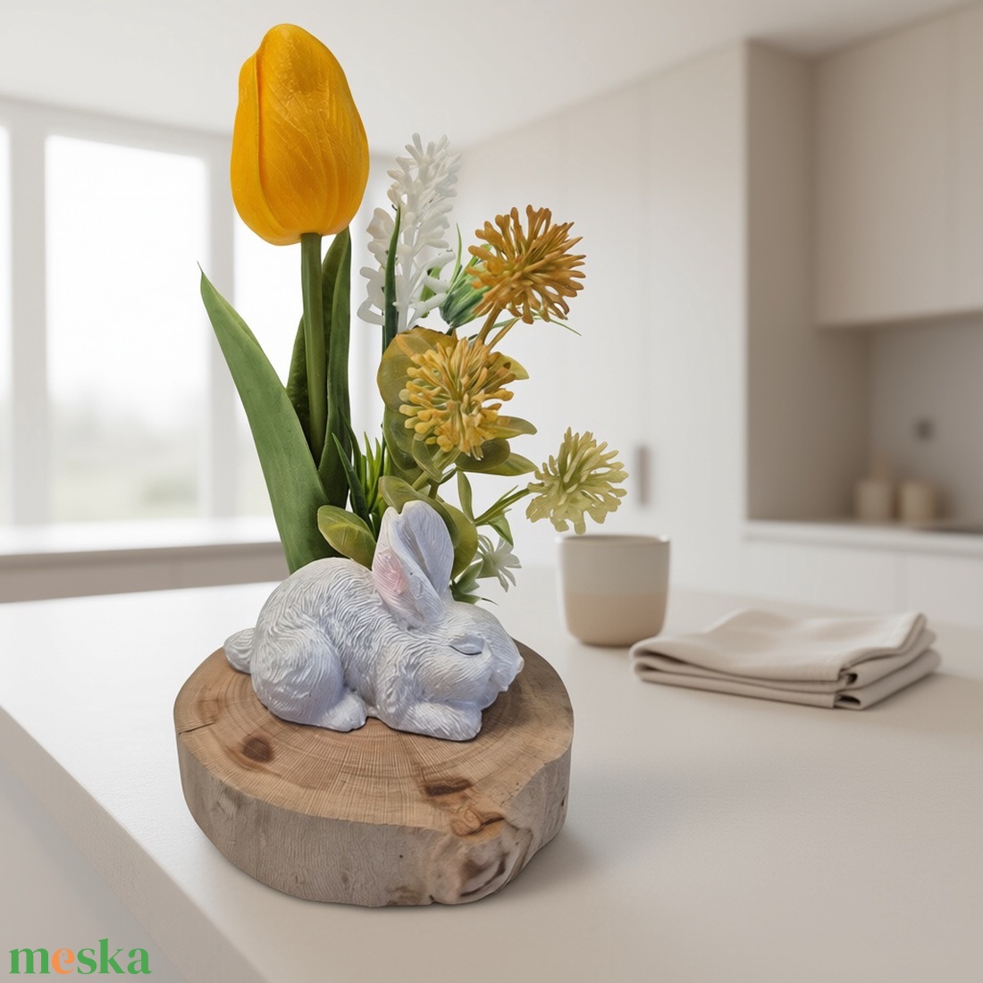 Tavaszi polcdísz alvó nyuszival � letisztult, természetes dekoráció fa alapon - otthon & életmód - virágdekoráció - virágdíszek - asztali virágdísz - Meska.hu