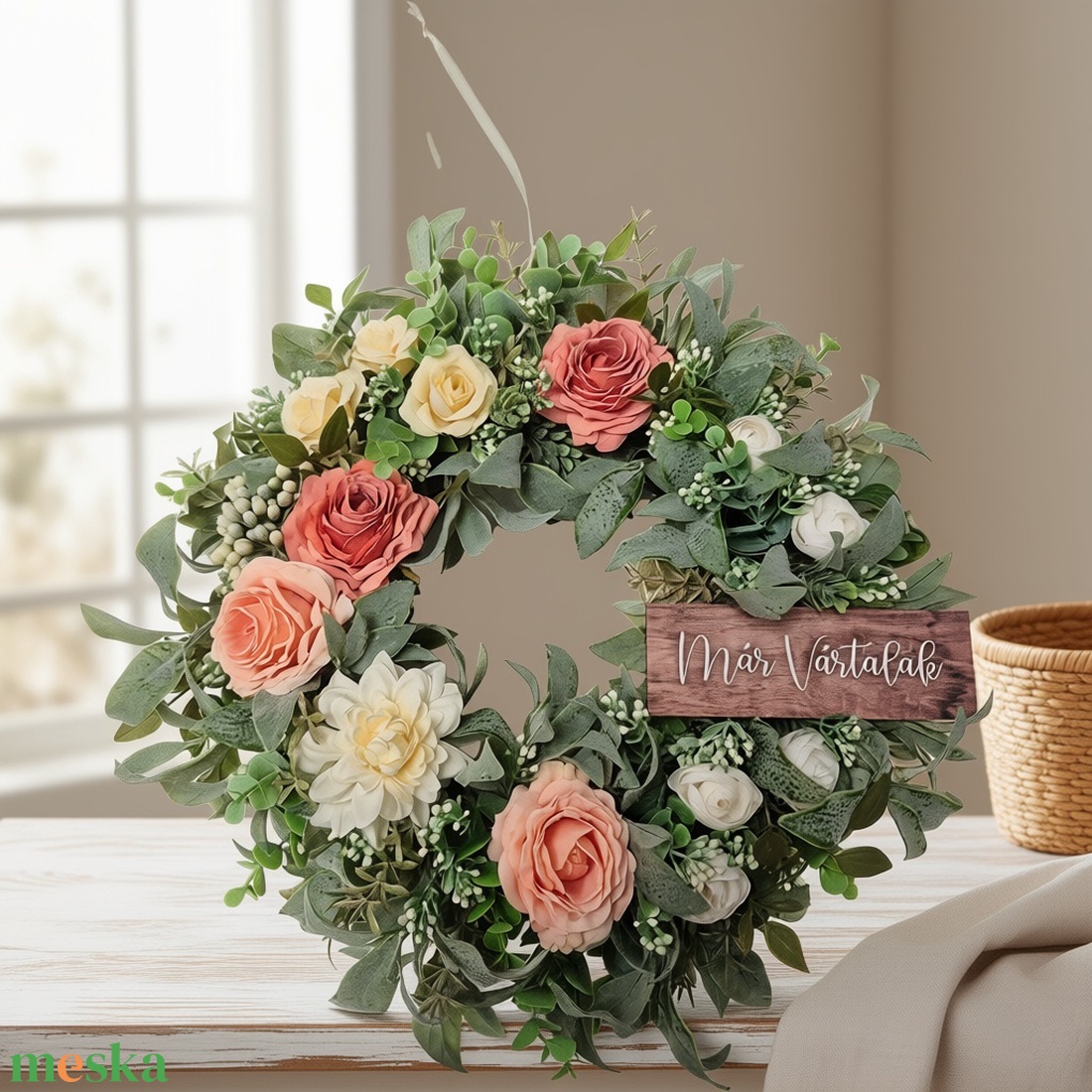 Virágos elegáns koszorú � virágos ajtódekoráció, romantikus színvilág - Már vártalak felirat - otthon & életmód - dekoráció - ajtó- és ablak dekoráció - ajtódísz & kopogtató - Meska.hu