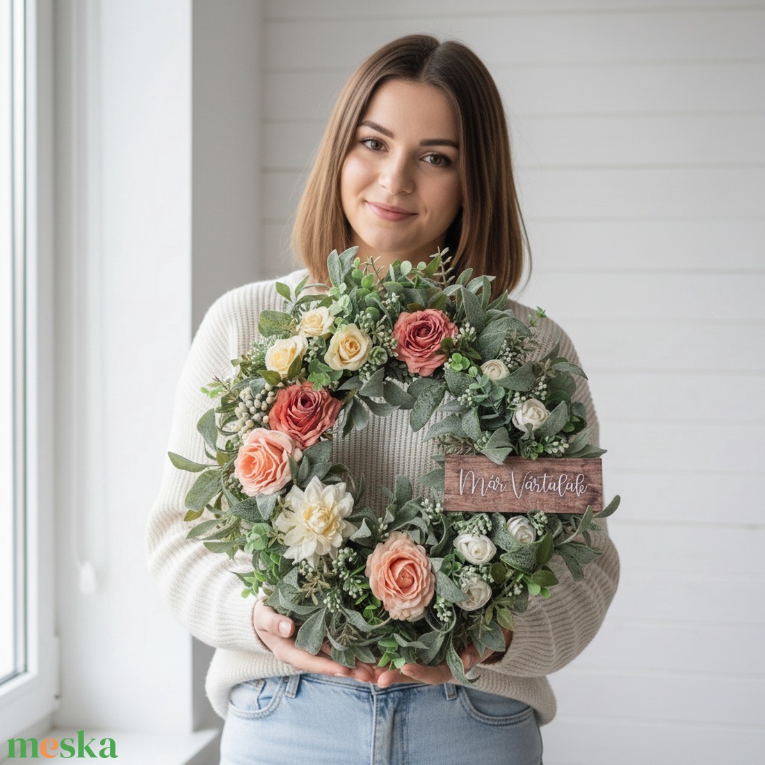 Virágos elegáns koszorú � virágos ajtódekoráció, romantikus színvilág - Már vártalak felirat - otthon & életmód - dekoráció - ajtó- és ablak dekoráció - ajtódísz & kopogtató - Meska.hu