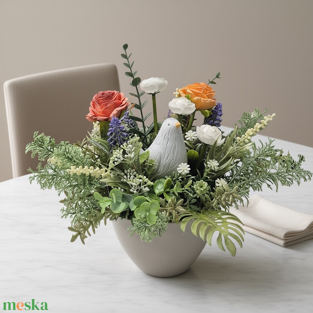 Virágos asztaldísz madárfigurával - otthon & életmód - dekoráció - asztal és polc dekoráció - asztaldísz - Meska.hu