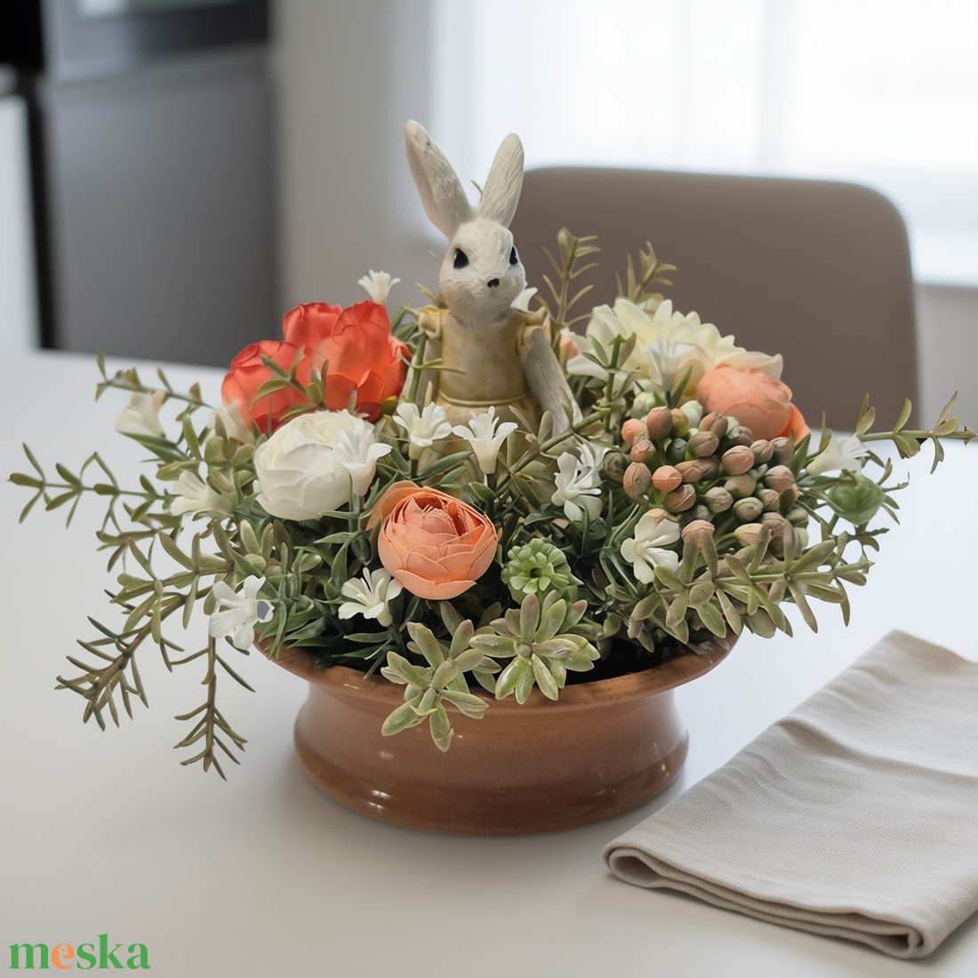 Virágos asztaldísz nyuszifigurával � elegáns, gondozásmentes dekoráció - otthon & életmód - dekoráció - asztal és polc dekoráció - asztaldísz - Meska.hu