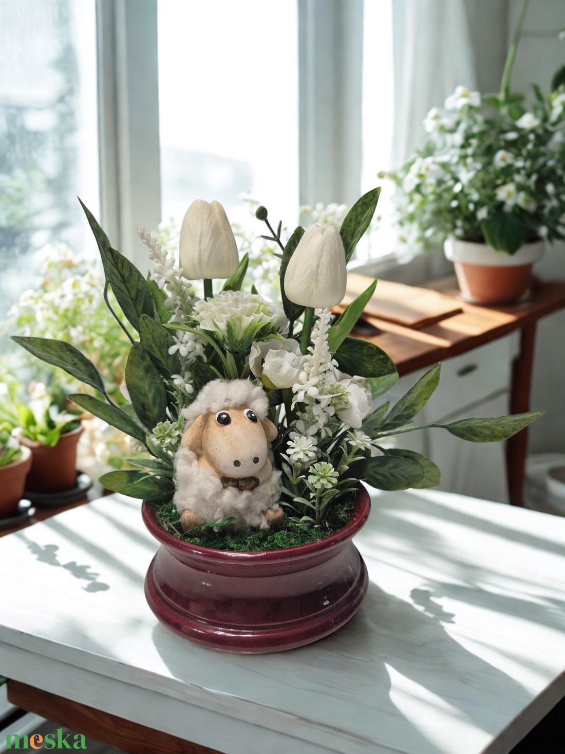 Csendes tavasz egy báránnyal � letisztult asztaldísz természetes hatású zöldekkel � elegáns, gondozásmentes dekoráció - otthon & életmód - virágdekoráció - virágdíszek - virágdísz kaspóban - Meska.hu