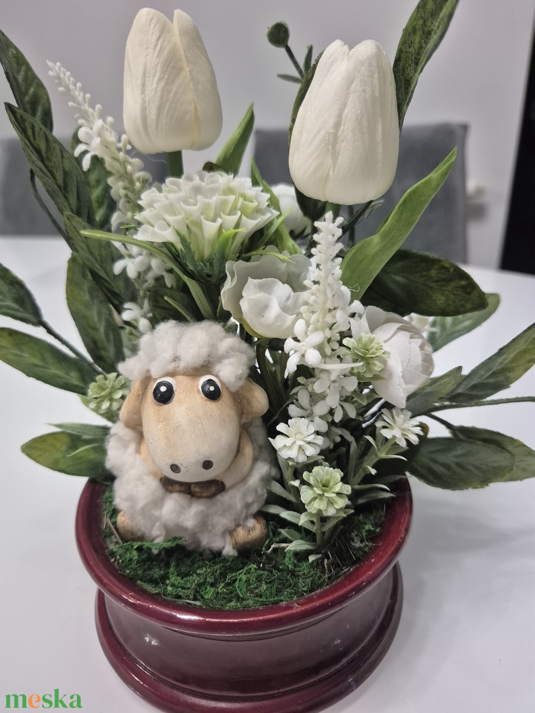 Csendes tavasz egy báránnyal � letisztult asztaldísz természetes hatású zöldekkel � elegáns, gondozásmentes dekoráció - otthon & életmód - virágdekoráció - virágdíszek - virágdísz kaspóban - Meska.hu