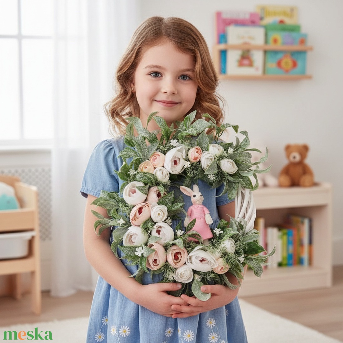 Virágos tavaszi koszorú - nyuszival, természetes hatású  - otthon & életmód - dekoráció - ajtó- és ablak dekoráció - ajtódísz & kopogtató - Meska.hu