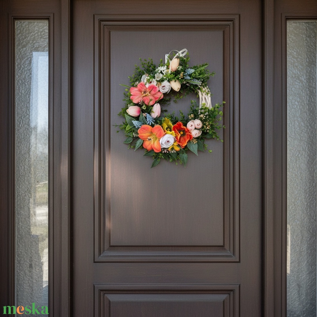 Színes virágos tavaszi koszorú - természetes hatású, élethű virágokkal - otthon & életmód - dekoráció - ajtó- és ablak dekoráció - ajtódísz & kopogtató - Meska.hu