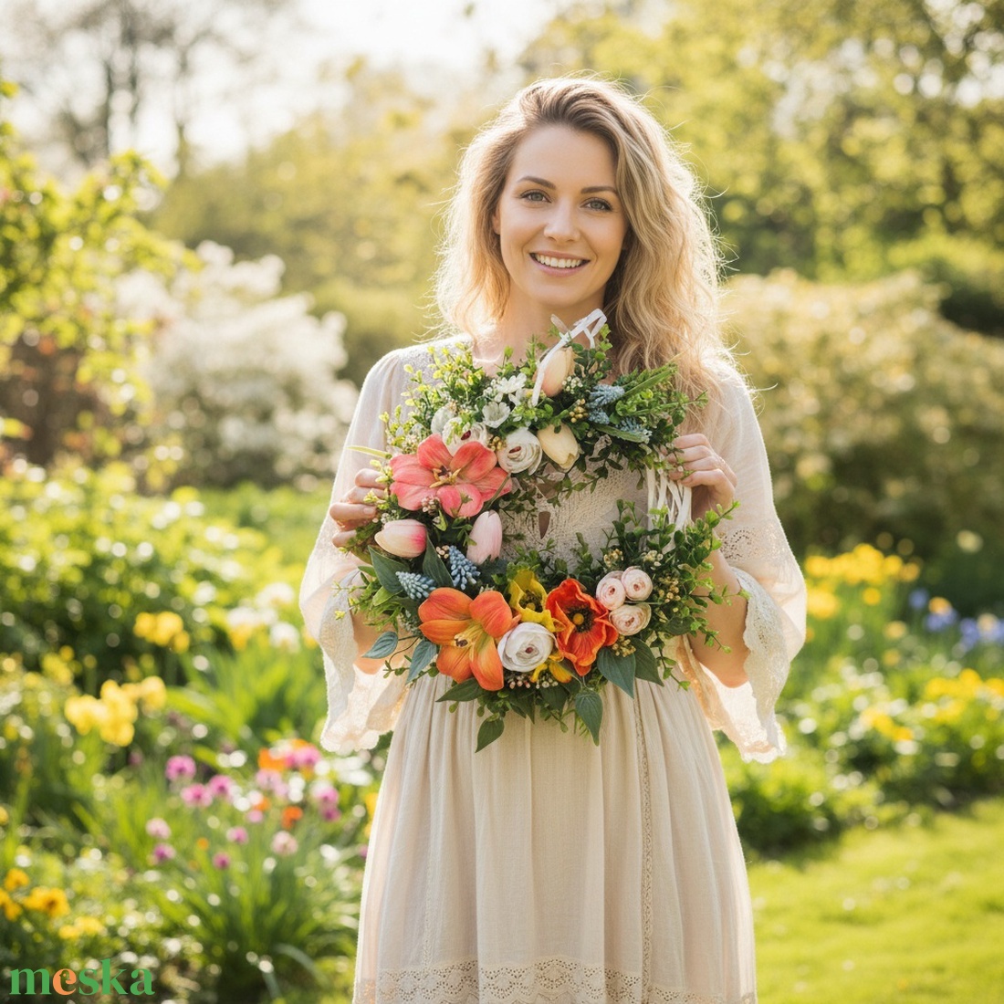 Színes virágos tavaszi koszorú - természetes hatású, élethű virágokkal - otthon & életmód - dekoráció - ajtó- és ablak dekoráció - ajtódísz & kopogtató - Meska.hu
