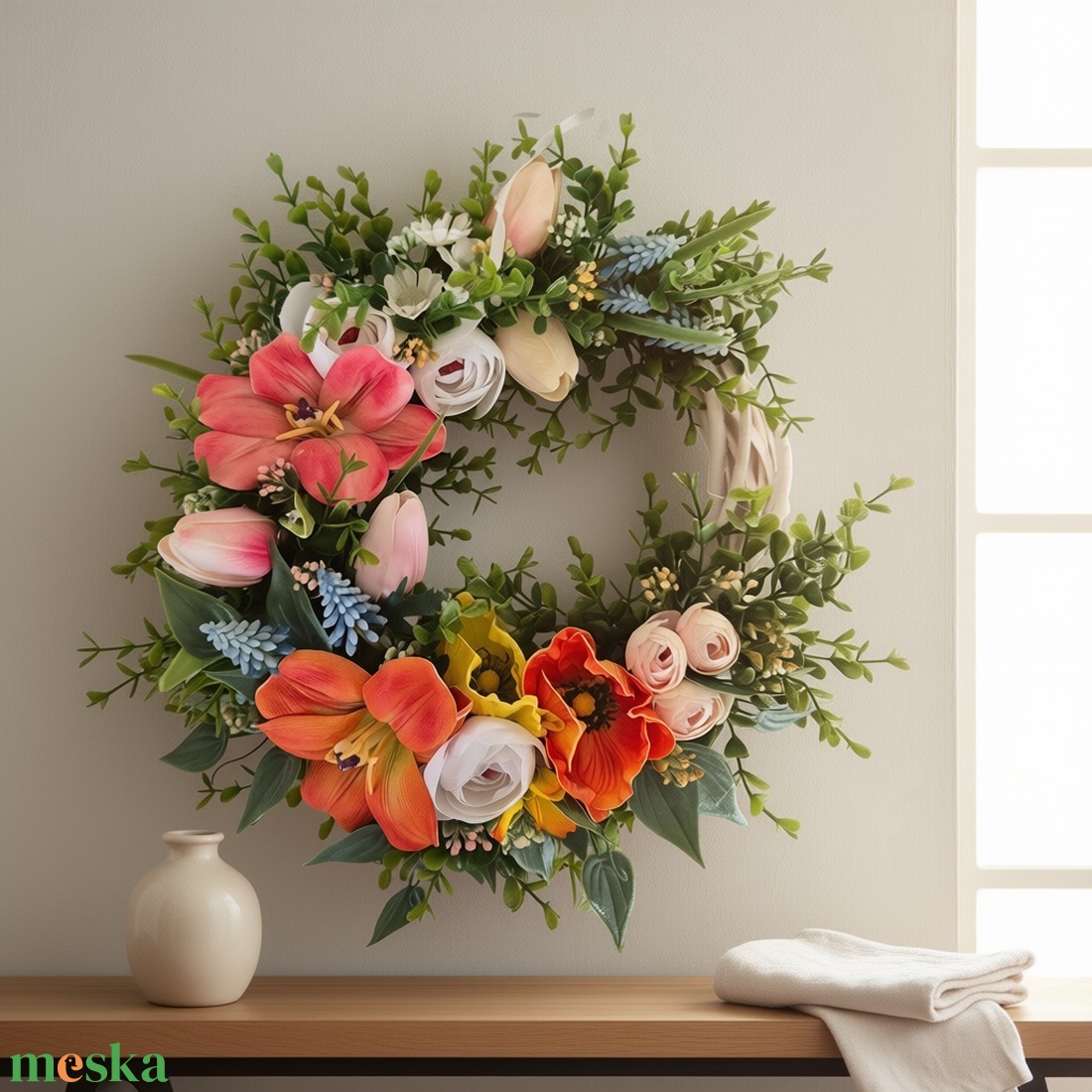 Színes virágos tavaszi koszorú - természetes hatású, élethű virágokkal - otthon & életmód - dekoráció - ajtó- és ablak dekoráció - ajtódísz & kopogtató - Meska.hu