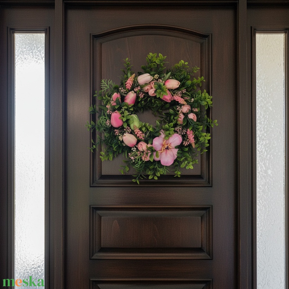 Rózsaszín tulipános tavaszi koszorú - természetes hatású, élethű virágokkal - otthon & életmód - dekoráció - ajtó- és ablak dekoráció - ajtódísz & kopogtató - Meska.hu