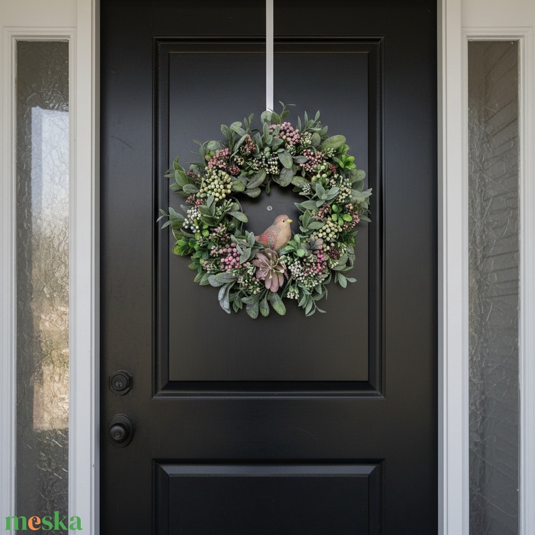 Bogyós tavaszi koszorú - kismadárral, természetes hatású  - otthon & életmód - dekoráció - ajtó- és ablak dekoráció - ajtódísz & kopogtató - Meska.hu