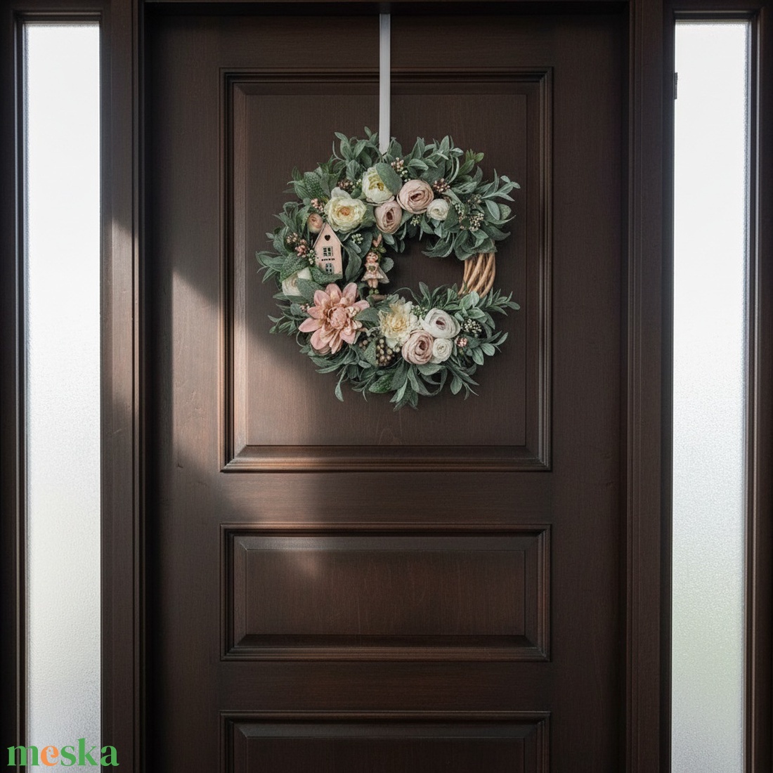Virágos tavaszi koszorú - tündérrel és házikóval, természetes hatású  - otthon & életmód - dekoráció - ajtó- és ablak dekoráció - ajtódísz & kopogtató - Meska.hu