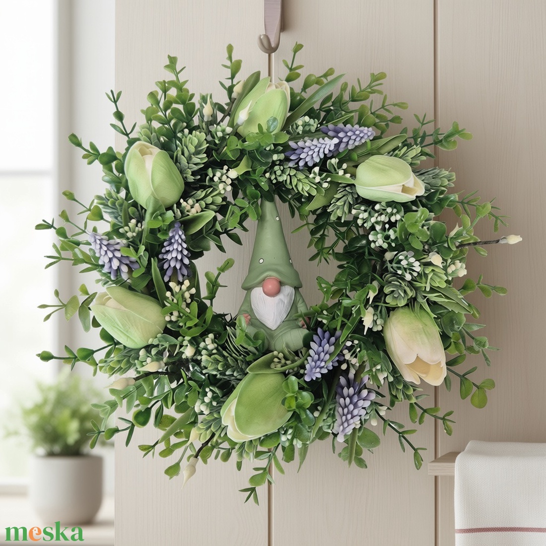 Tulipános tavaszi koszorú manóval- természetes hatású, élethű virágokkal - otthon & életmód - dekoráció - ajtó- és ablak dekoráció - ajtódísz & kopogtató - Meska.hu