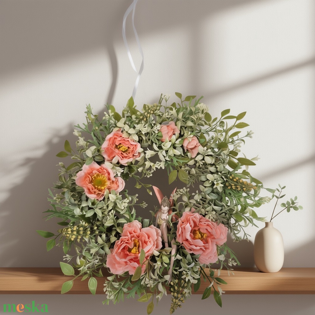 Virágos tavaszi koszorú - tündérrel, természetes hatású - otthon & életmód - dekoráció - ajtó- és ablak dekoráció - ajtódísz & kopogtató - Meska.hu