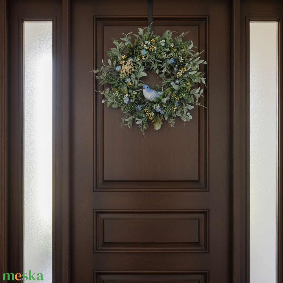 Kék virágos tavaszi koszorú - kismadárral, természetes hatású - otthon & életmód - dekoráció - ajtó- és ablak dekoráció - ajtódísz & kopogtató - Meska.hu