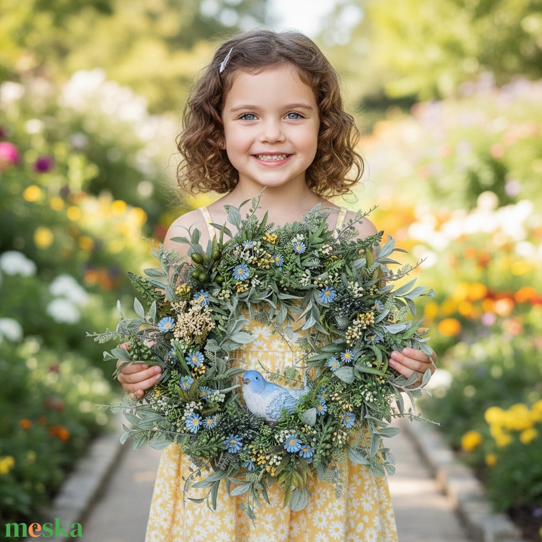 Kék virágos tavaszi koszorú - kismadárral, természetes hatású - otthon & életmód - dekoráció - ajtó- és ablak dekoráció - ajtódísz & kopogtató - Meska.hu