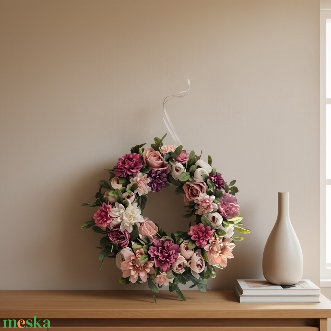 Virágos elegáns koszorú � virágos ajtódekoráció, romantikus színvilág - nagyméretű - otthon & életmód - dekoráció - ajtó- és ablak dekoráció - ajtódísz & kopogtató - Meska.hu