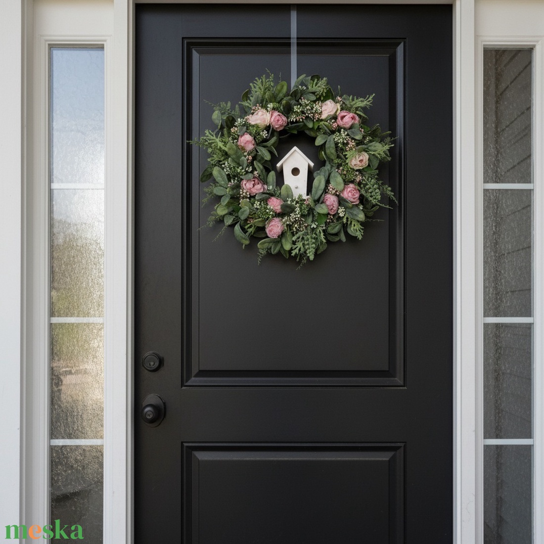 Virágos tavaszi koszorú házikóval- természetes hatású, élethű virágokkal - otthon & életmód - dekoráció - ajtó- és ablak dekoráció - ajtódísz & kopogtató - Meska.hu