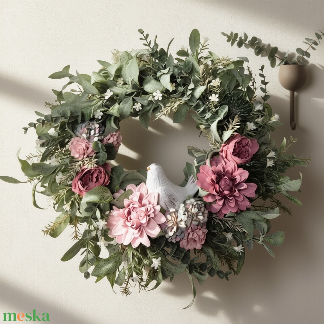 Lila virágos természetes hatású ajtódísz kismadárral - otthon & életmód - dekoráció - ajtó- és ablak dekoráció - ajtódísz & kopogtató - Meska.hu