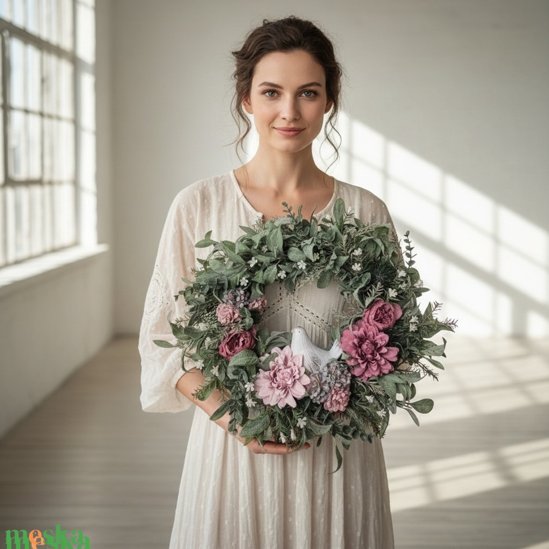 Lila virágos természetes hatású ajtódísz kismadárral - otthon & életmód - dekoráció - ajtó- és ablak dekoráció - ajtódísz & kopogtató - Meska.hu