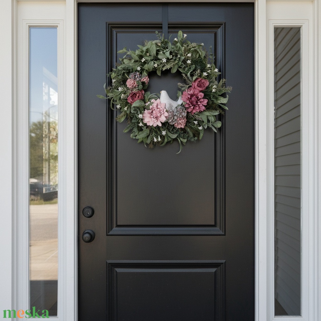 Lila virágos természetes hatású ajtódísz kismadárral - otthon & életmód - dekoráció - ajtó- és ablak dekoráció - ajtódísz & kopogtató - Meska.hu