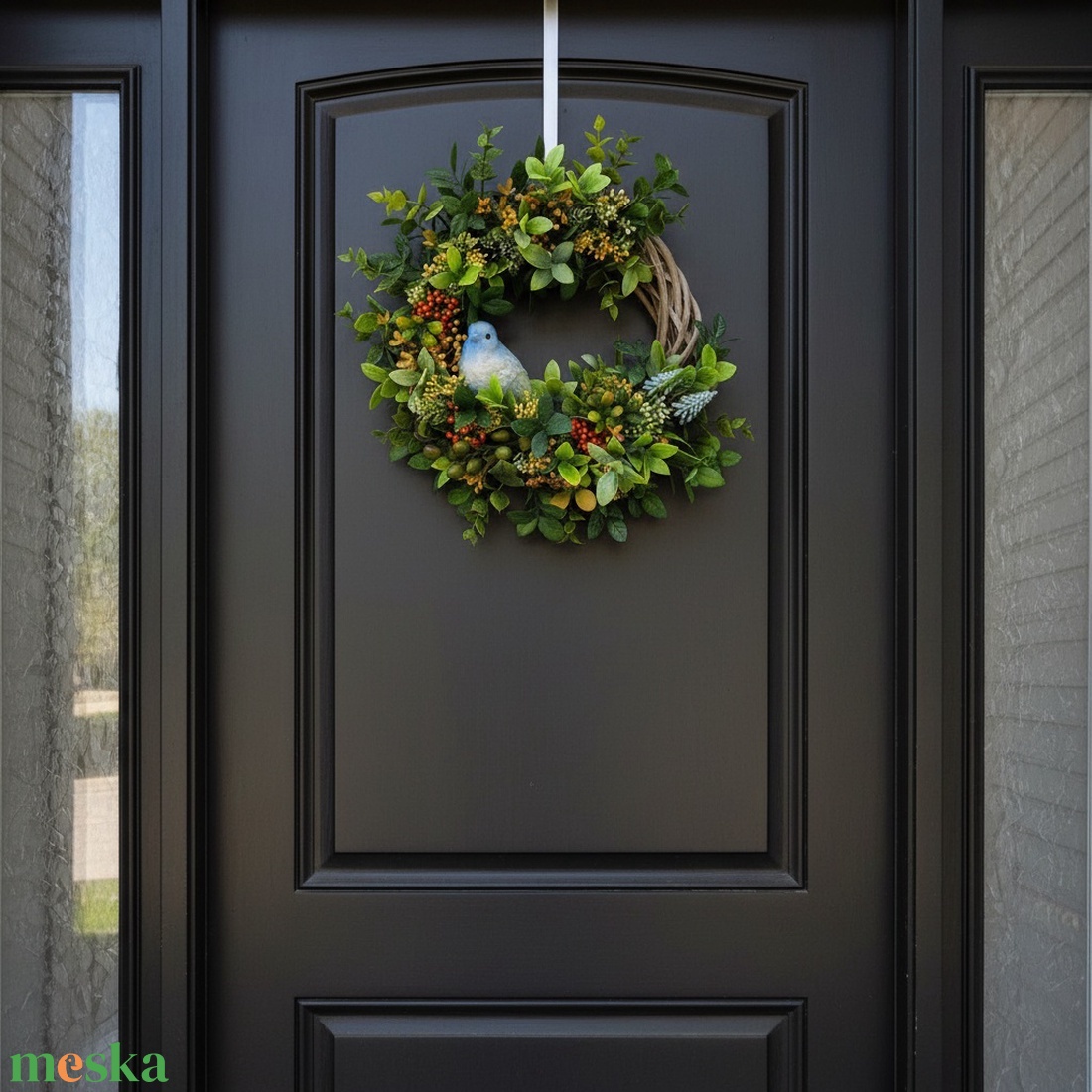 Bogyós tavaszi koszorú - kismadárral, természetes hatású ajtódísz - otthon & életmód - dekoráció - ajtó- és ablak dekoráció - ajtódísz & kopogtató - Meska.hu