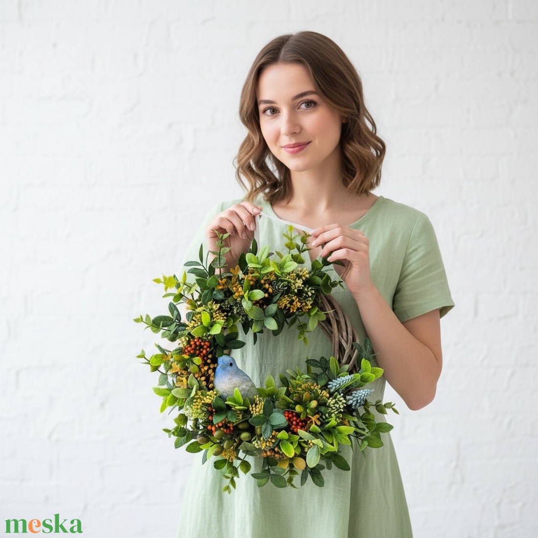 Bogyós tavaszi koszorú - kismadárral, természetes hatású ajtódísz - otthon & életmód - dekoráció - ajtó- és ablak dekoráció - ajtódísz & kopogtató - Meska.hu