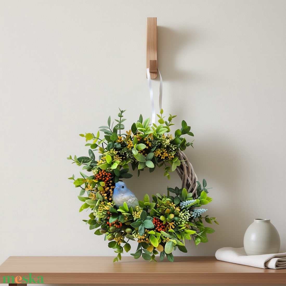 Bogyós tavaszi koszorú - kismadárral, természetes hatású ajtódísz - otthon & életmód - dekoráció - ajtó- és ablak dekoráció - ajtódísz & kopogtató - Meska.hu