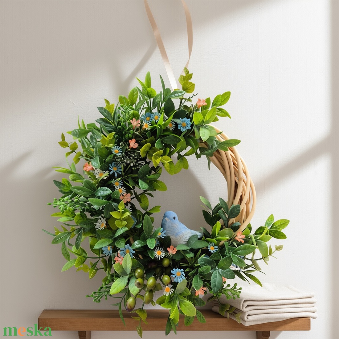 Bogyós tavaszi koszorú - kismadárral, természetes hatású ajtódísz - otthon & életmód - dekoráció - ajtó- és ablak dekoráció - ajtódísz & kopogtató - Meska.hu