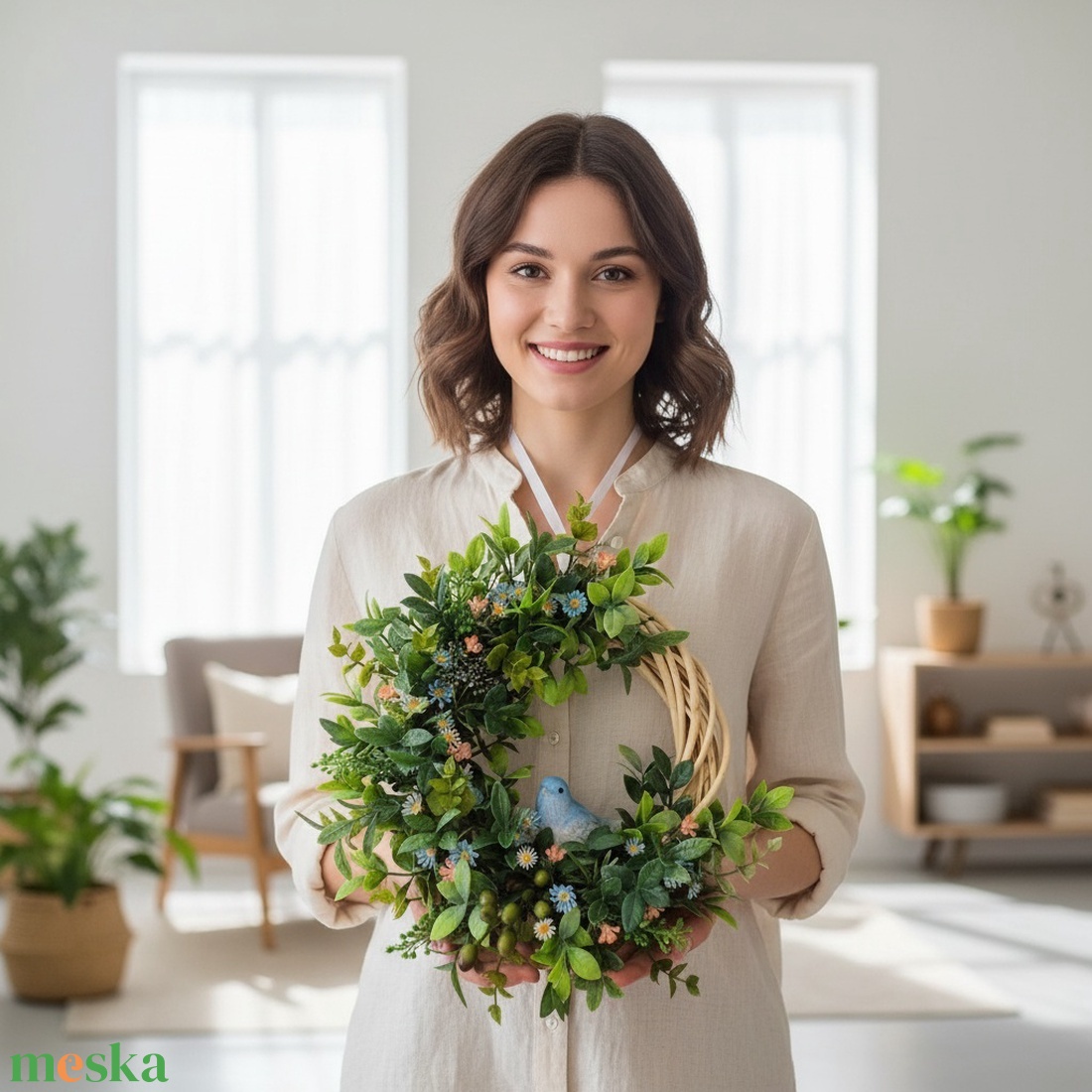 Bogyós tavaszi koszorú - kismadárral, természetes hatású ajtódísz - otthon & életmód - dekoráció - ajtó- és ablak dekoráció - ajtódísz & kopogtató - Meska.hu