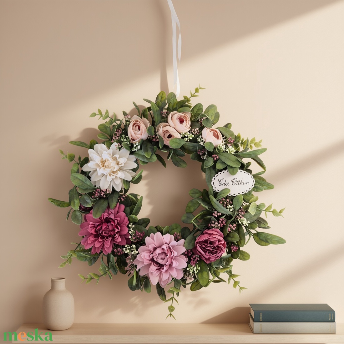 Virágos elegáns koszorú � virágos ajtódekoráció, romantikus színvilág - nagyméretű - otthon & életmód - dekoráció - ajtó- és ablak dekoráció - ajtódísz & kopogtató - Meska.hu