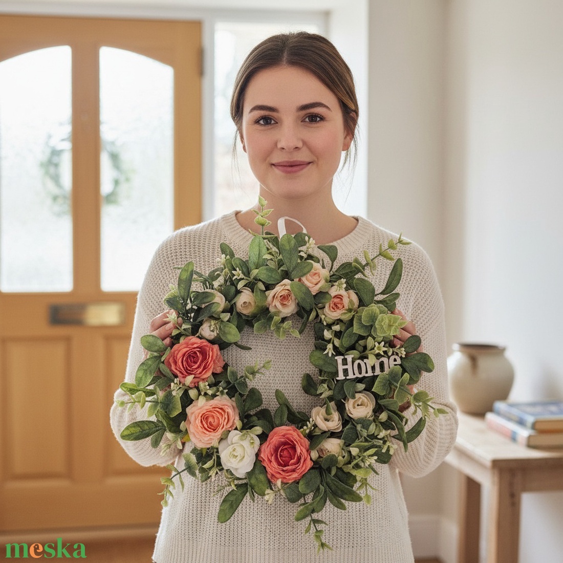 Rózsaszín virágos elegáns ajtódísz � virágos dekoráció, romantikus színvilággal - otthon & életmód - dekoráció - ajtó- és ablak dekoráció - ajtódísz & kopogtató - Meska.hu