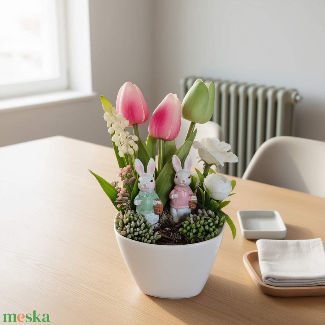 Virágos polcdísz kisnyuszikkal� elegáns, gondozásmentes dekoráció - ünnepi díszek, dekorációk - húsvéti díszek és dekorációk - húsvéti virágos díszek - Meska.hu