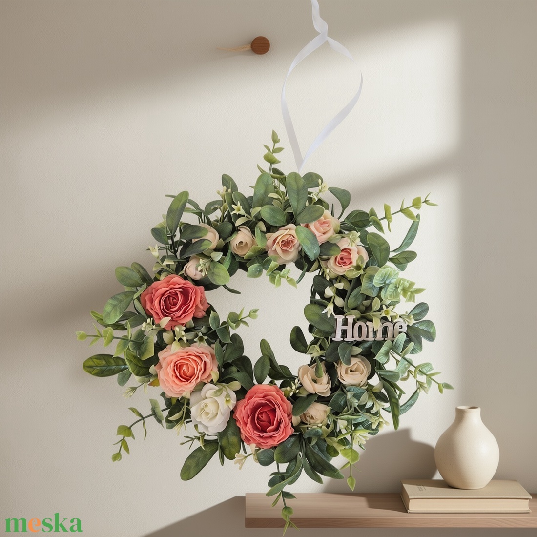 Rózsaszín virágos elegáns ajtódísz � virágos dekoráció, romantikus színvilággal - otthon & életmód - dekoráció - ajtó- és ablak dekoráció - ajtódísz & kopogtató - Meska.hu