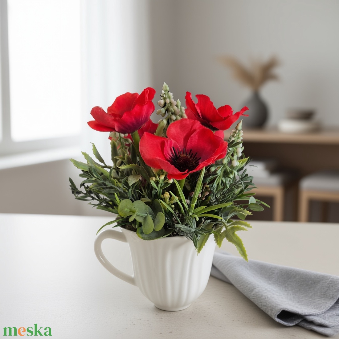 Pipacsos polcdísz csészében � natur elegancia - otthon & életmód - virágdekoráció - virágdíszek - asztali virágdísz - Meska.hu