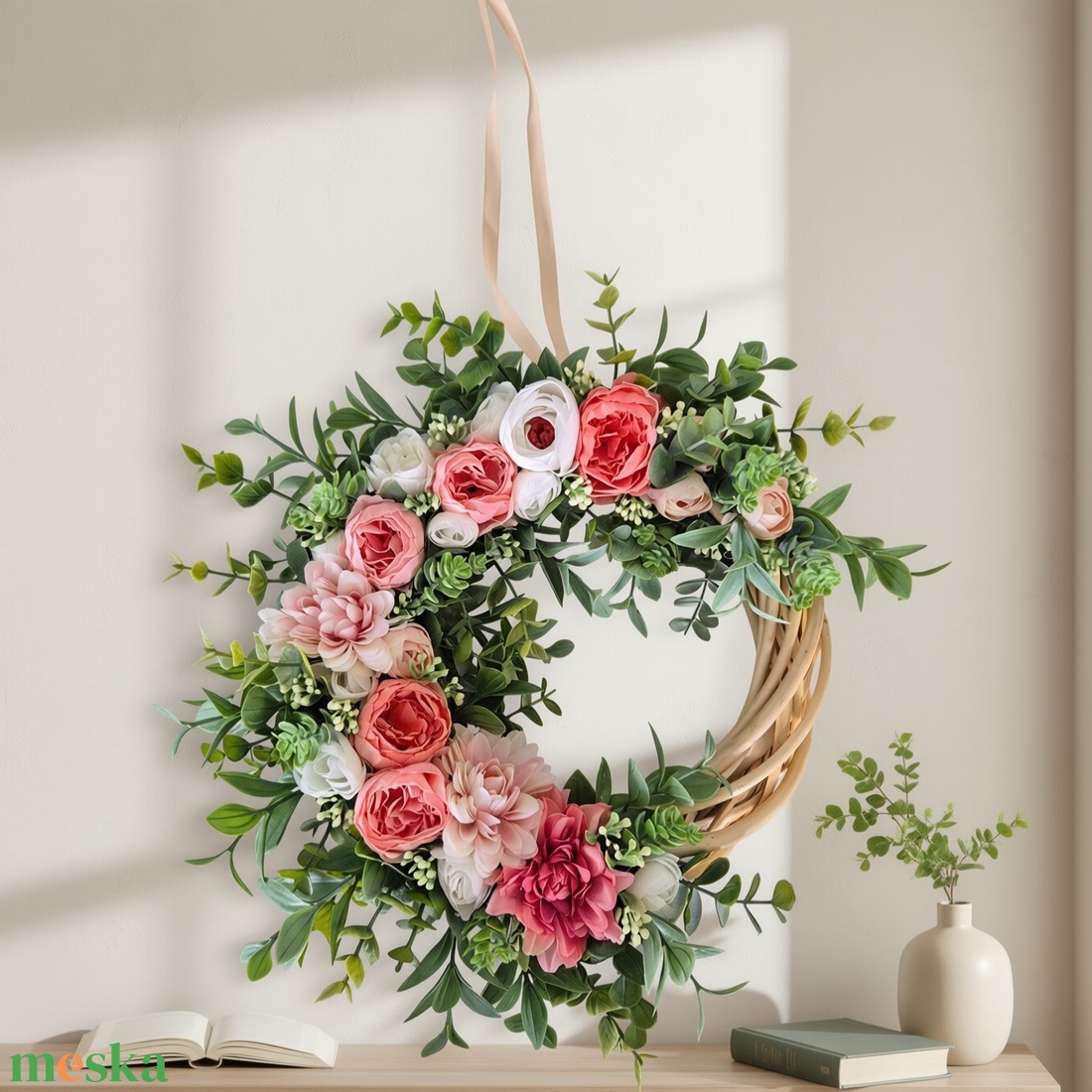 Romantikus ajtódísz/koszorú rózsaszín virágokkal � természetes hatású koszorú - otthon & életmód - dekoráció - ajtó- és ablak dekoráció - ajtódísz & kopogtató - Meska.hu