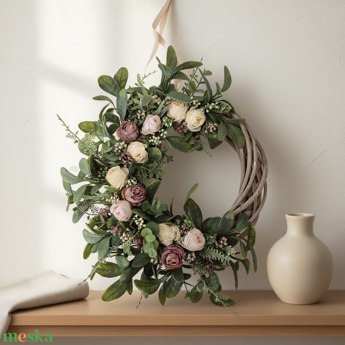 Romantikus ajtódísz/koszorú lila-ekrü virágokkal � természetes hatású koszorú - otthon & életmód - dekoráció - ajtó- és ablak dekoráció - ajtódísz & kopogtató - Meska.hu