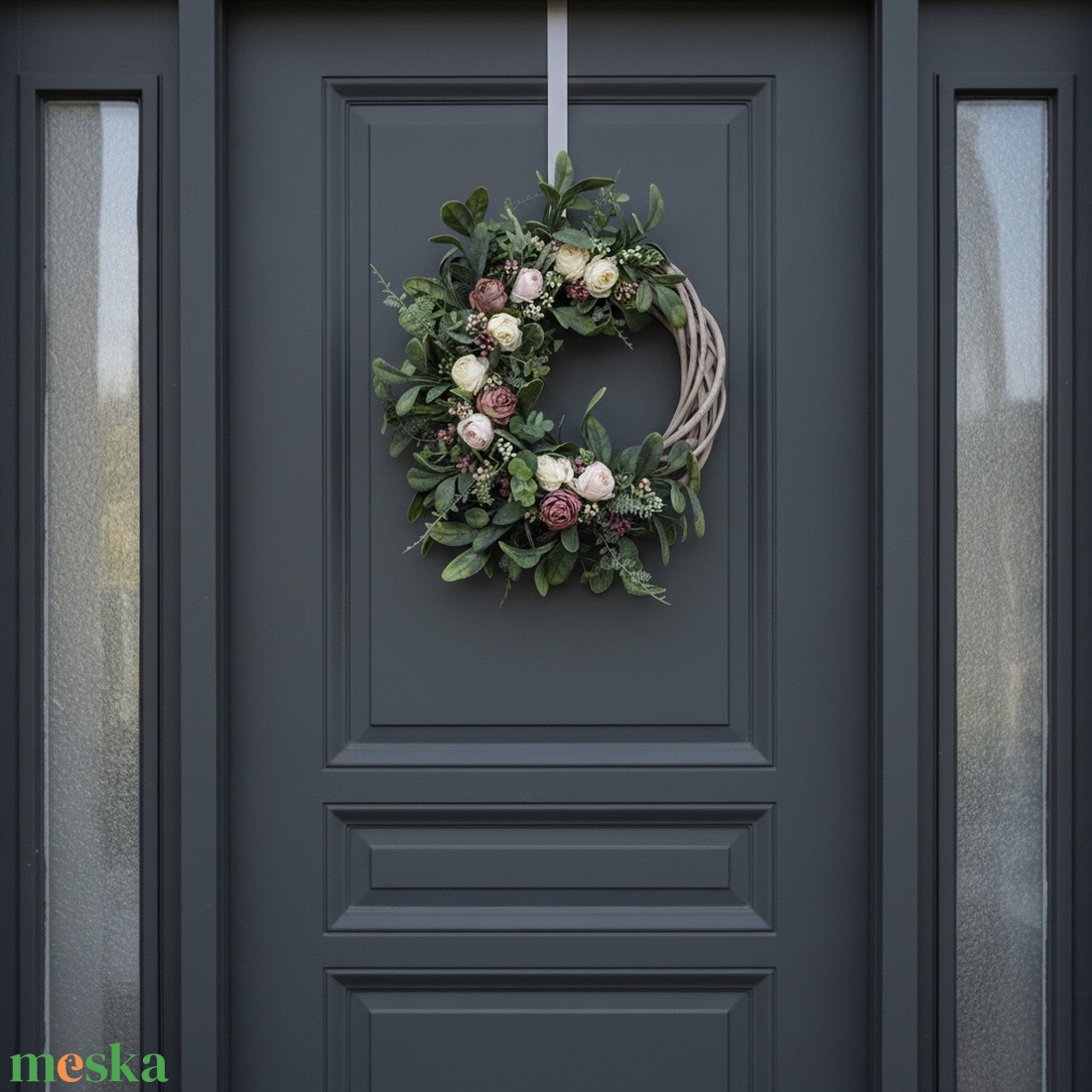 Romantikus ajtódísz/koszorú lila-ekrü virágokkal � természetes hatású koszorú - otthon & életmód - dekoráció - ajtó- és ablak dekoráció - ajtódísz & kopogtató - Meska.hu