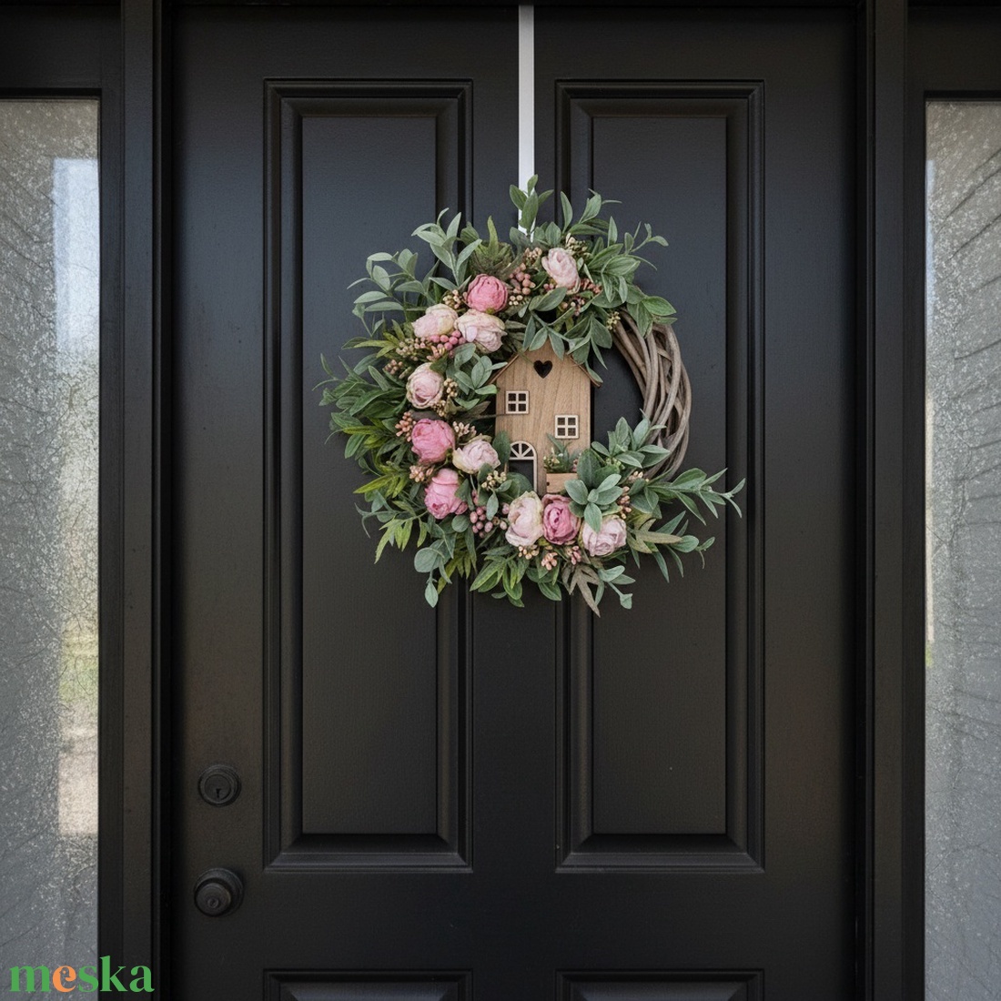Virágos tavaszi koszorú házikóval- természetes hatású, élethű virágokkal - otthon & életmód - dekoráció - ajtó- és ablak dekoráció - ajtódísz & kopogtató - Meska.hu