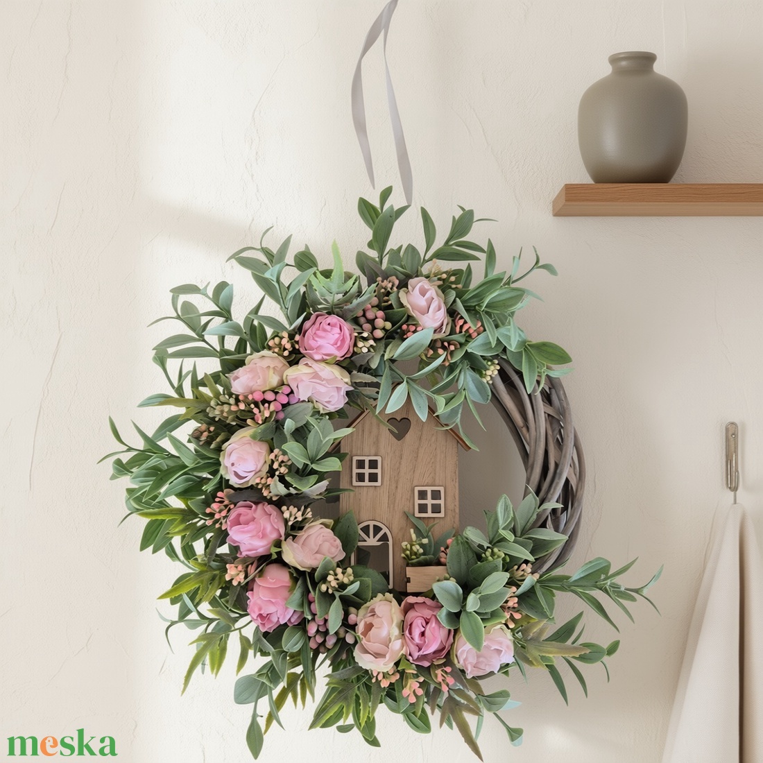 Virágos tavaszi koszorú házikóval- természetes hatású, élethű virágokkal - otthon & életmód - dekoráció - ajtó- és ablak dekoráció - ajtódísz & kopogtató - Meska.hu
