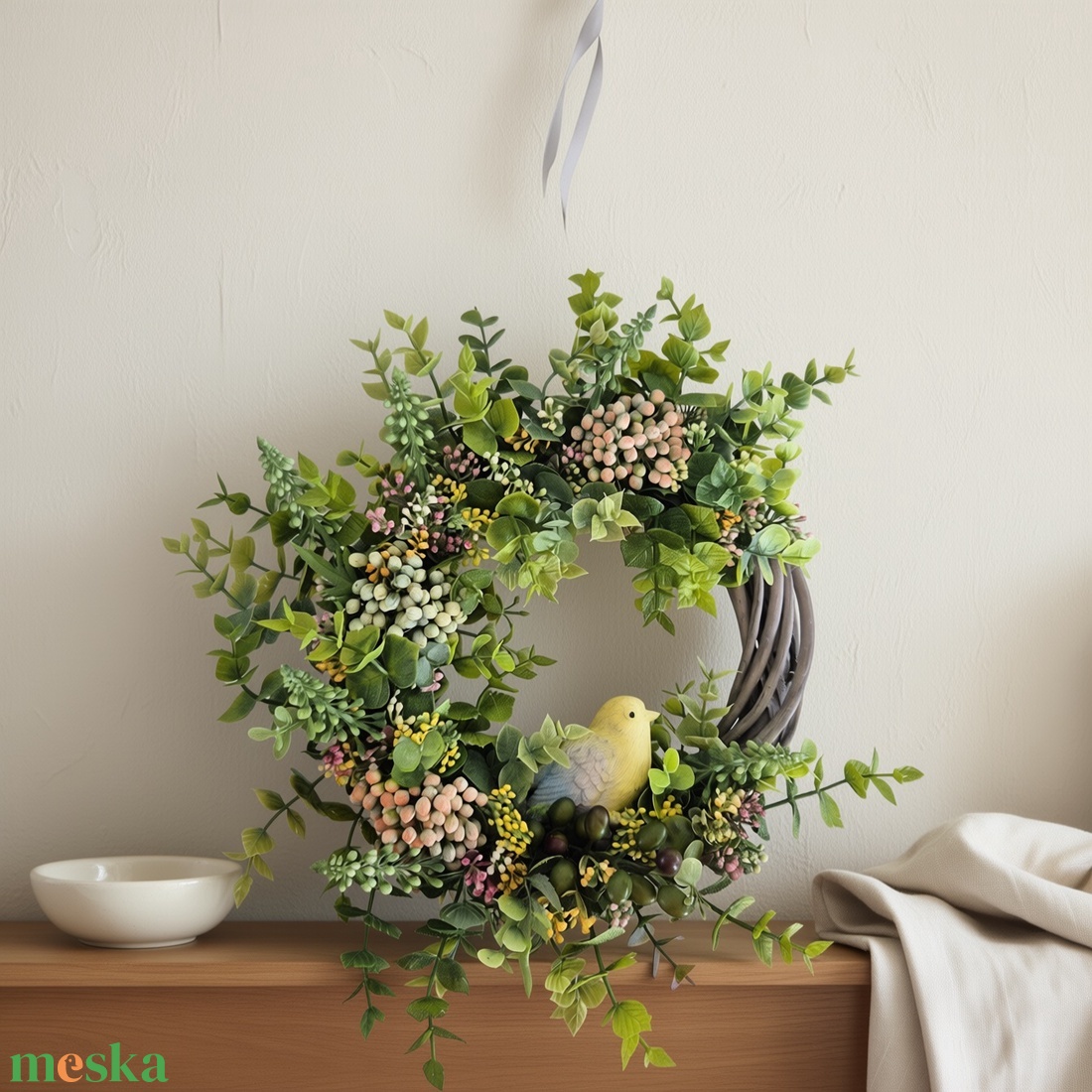 Bogyós tavaszi koszorú - kismadárral, természetes hatású ajtódísz - otthon & életmód - dekoráció - ajtó- és ablak dekoráció - ajtódísz & kopogtató - Meska.hu